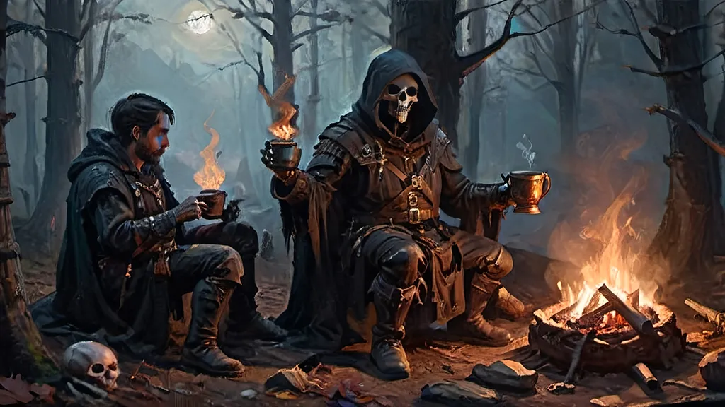 Prompt: A dramatic and tense moment in a dark, foggy forest, where a hunter and a necromancer sit near a flickering campfire. The scene captures the instant when the hunter, clad in dark, weathered armor, hands a steaming cup of coffee to the necromancer. The hunter’s breath is visible in the cold night air, and his gloved hand grips the cup with precision. The necromancer, with a ghoulish countenance and skeletal fingers, reaches out from their patchwork robes adorned with bones and arcane symbols to accept the cup. The campfire casts a spectral glow over the scene, highlighting the detailed steampunk apparatuses and gear scattered around the campsite. Trompe l’oeil techniques are used to create depth and realism, with shadows and light playing intricately across the figures and surroundings, giving the entire scene a three-dimensional, lifelike quality.