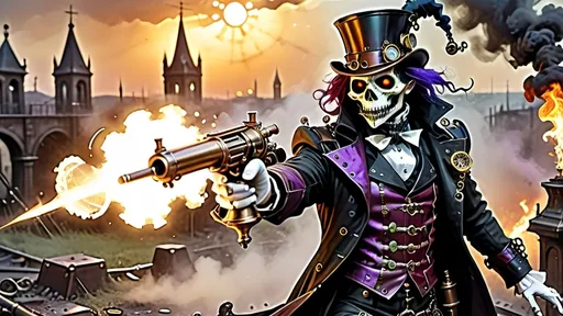 Prompt: Illustrate a steampunk and gothic scene at dawn background luciferin immolation with an Italian 14th century steampunkesque ghoul jester prince in a battlefield, engaging in elegant combat, featuring multicolor luciferin for illustrative purposes, depicting the residual magic which begets blunderbuss’ power and muzzle flash, and the reason face paint exaggerates emotions