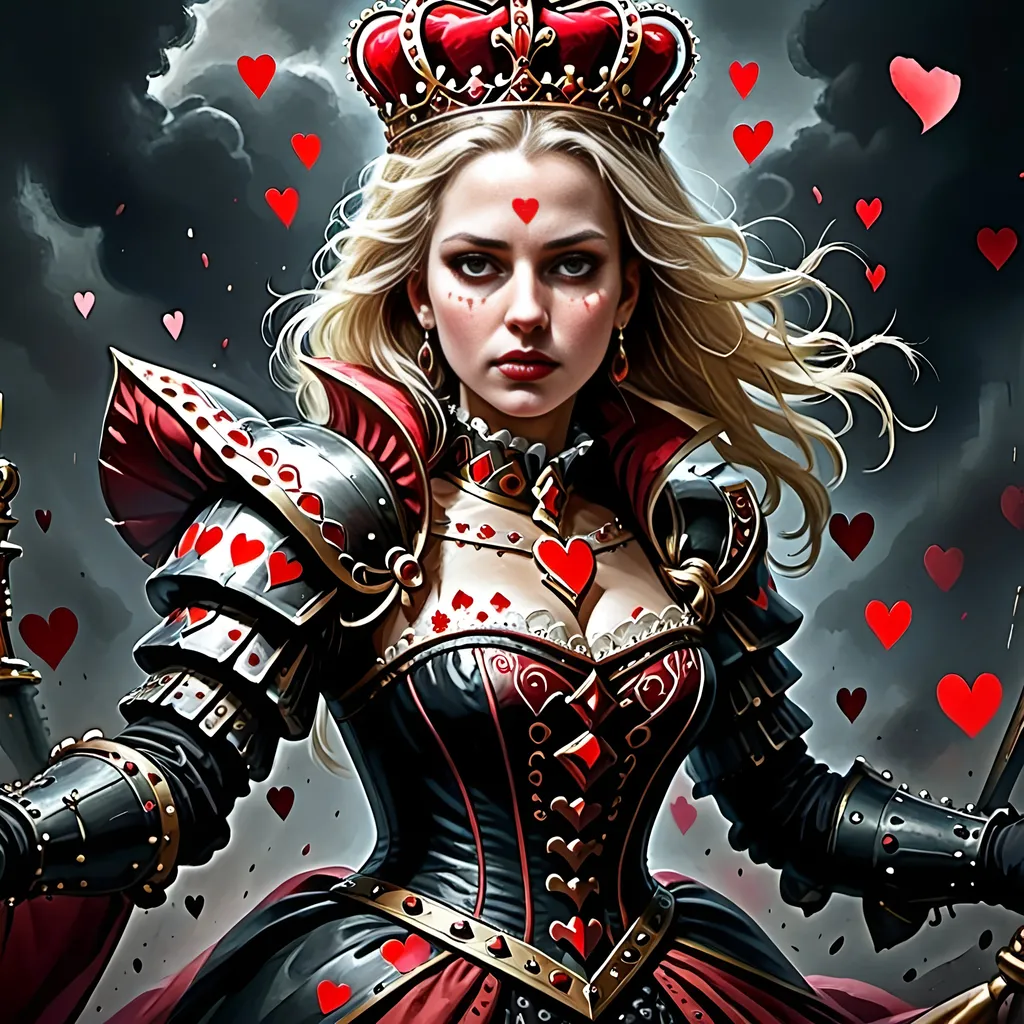 Prompt: In a realm where the cards held court and battles unfolded upon the velvet battlefield, there stood the Queen of Hearts, a regal figure with a turbulent spirit that ignited fervor in her loyal subjects – her men, the mighty soldiers of her crimson domain.
With a gaze that could melt steel and a heart that beat thunder into the very ground they tread, she commanded her troops like a tempest unleashed, each man an embodiment of her unyielding will. As the clash of swords and the thunder of footsteps filled the air, the Queen's call to arms echoed across the lands, stirring her men into a frenzy of unwavering loyalty.
Amidst the chaos of the battlefield, her men rushed forth, their movements a symphony of controlled chaos. With hearts blazing like infernos, they tore through the enemy lines, their actions swift and merciless. Eyes met their merciless blades as they surged forward, a whirlwind of crimson and steel, gouging out the very essence of opposition before them.
And there, at the heart of the tumultuous storm she had summoned, the Queen of Hearts stood, a vision of sovereignty and power, orchestrating the brutal ballet of war with a grace that belied the chaos around her. Her presence was both feared and revered, a beacon of unwavering resolve that fueled her men's frenzy and struck dread into the hearts of her foes.
In that moment, as the clash of arms and the cries of battle filled the air, the Queen of Hearts reigned supreme, a sovereign of unparalleled ferocity and indomitable spirit, leading her men to victory amidst the carnage and chaos of the battlefield.