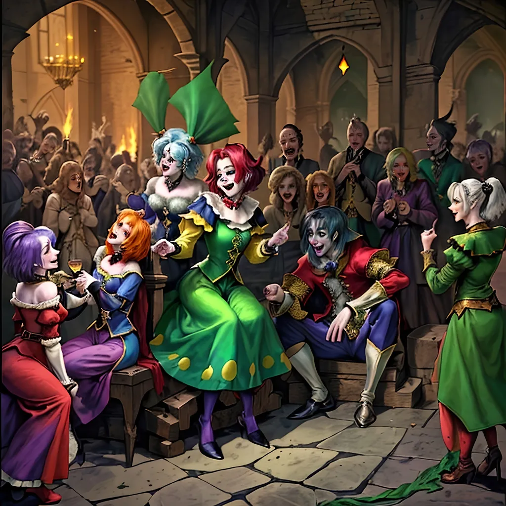 Prompt: #### I. The Motley Band
Once jocund Quibble,  
Favored jester, found solace  
With his motley troupe.

#### II. Unique Talents
Five talents diverse,  
Jangle’s nimble feats astound,  
Merry’s voice enchants.

#### III. Whirlwind of Mirth
Tumble's antics wild,  
Gleek’s mimicry turns knights soft,  
Color, joy they bring.

#### IV. Courtly Sojourns
Through verdant pastures,  
They traverse, perform for all,  
Lords, merchants, and serfs.

#### V. The Stern Duke's Court
At Duke Henry’s court,  
Somber faces challenge them,  
Yet they strive with zeal.

#### VI. Eliciting Smiles
Quibble leads with charm,  
Witty tales and jests delight,  
Laughter slowly spreads.

#### VII. Accidental Faux Pas
Servant spills his wine,  
Quibble’s mimicry amiss,  
Duke's ire does ignite.

#### VIII. The Duke's Wrath
“What insolence here!”  
The Duke’s voice thunderous,  
Troupe's hearts heavy sink.

#### IX. The Somber Night
By the fire they rest,  
Quibble’s heart with sorrow swells,  
Loyal troupe consoles.

#### X. Resolute Spirits
“New court awaits us,”  
Merry's lute with hope resounds,  
Together they stand.

#### XI. A New Dawn
In a kinder court,  
They perform unmarred by fear,  
Quibble’s smiles grow true.

#### XII. Eternal Jest
Laughter ever bright,  
Shared journey strengthens their bond,  
Jesters to the end.
