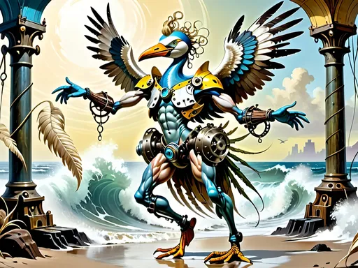 Prompt: Anthropomorphic 
Steampunkesque technology
Muscle bound seabird
---

Under morning sun,  
Seabird graces storied sands—  
Resplendent in form.

---

Elongated legs,  
Supple reeds in zephyrs’ dance—  
Sea's vast embrace calls.

---

Mischief in his eyes,  
Beachgoers’ toil unnoticed—  
Avian voyager.

---

Plumage tousled light,  
Saline breezes bring solace—  
Waves chant his essence.

---

Choreographed grace,  
Wings unfurled in ocean's song—  
Maestro of the shore.

---

Day's vibrant tableau,  
Delights of beachside revels—  
Laughter and salt tang.

---

Fellowship in skies,  
Airborne kin cavort above—  
Cerulean bond.

---

Muscle Beach's arena,  
For robust and brawny strength—  
Whimsical proscenium.

---

Stilts' realm of splendor,  
Statuesque limbs embrace waves—  
Effervescent spirit.
