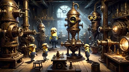 Prompt: A dimly lit workshop filled with dancing shadows cast by flickering lights. The workshop is a hive of activity with minions being crafted from brass and other metals. Spectral logs and bronze cogs are scattered around, and intricate machinery is in the background, creating a sense of trance and enchantment. The overall atmosphere is eerie and mechanical.