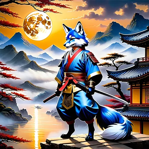 Prompt: Upon a Thomas Kinkade-style Edo period landscape:

Create an artistic composition of the “Loyal Warrior Consort” featuring acrobatic prowess with a celestial and timeless quality. The character is an early Holocene Vulpes qiuzhudingi (Blue fox) anthropomorphic warrior, showcasing martial arts skill and battle marks. Use acrylic trompe l’oeil artwork technique for dynamic action, elegance, and emotional depth. Integrate multicolor luciferin gradients to depict “Lucifurinescent glints” and “radiance ablaze,” adding otherworldly light. Blend traditional Edo period accoutrements and in-depth landscape elements with Steampunk aesthetics to symbolize “unsolved enigmas” and “alien musings.” Employ shadow layering to create depth and contrast, enhancing the mysterious atmosphere. Limit the character to two arms and two legs. Include inscriptions from a poem, such as “Radiance ablaze” and “Their tale whispers through ages,” on the character’s armor or weaponry. Set the scene against a celestial backdrop with luminous glints and a sense of transient essence, reflecting the poetic context of a timeless battle scene.