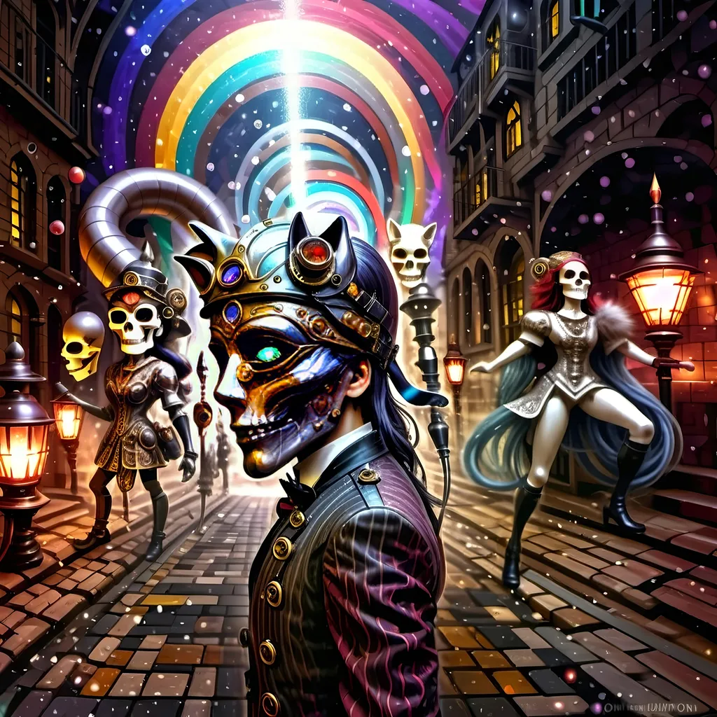 Prompt: Amid cobblestone,
Gas lamps flicker bright, bright light
Metallic dragon.
Top hats, goggles gleam,
Elaborate dance of dreams,
Costumes on the street.
A staff’s fiery glow,
Adventure in steampunk air,
Brick buildings whisper.
Gothic shadows loom,
Mystery in armor's eyes,
Beasts stand ready there.
Crossbow and fur coat,
Fox with torch and rifle near,
Skull helm leads the pack.
Wolf with skulls in hand,
Lion mask's courageous stand,
Gothic vault's dim light