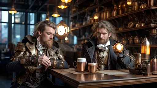 Prompt: A disheveled thunder god with glowing golden eyes, wearing a rumpled white and gold outfit, sitting in a steampunk coffee shop. He holds a steampunk-style coffee cup, with messy hair, and the scene is bathed in golden hour lighting. The background features a New York twilight skyline visible through large windows, with copper pipes, vintage machinery, and Edison bulbs as part of the steampunk decor. A mystical, tired-looking hammer rests beside him. There are a few patrons in subtle steampunk attire, completing the warm, relaxed atmosphere.