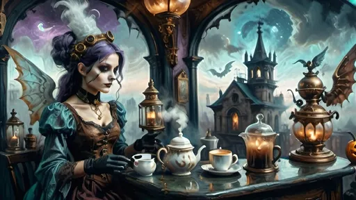 Prompt: An ethereal steampunk coffee bistro in the clouds at twilight, with angels and celestial figures serving coffee. Patrons bustling.  The bistro is adorned with mechanical steampunk elements like antique bronze and copper gradients, along with silver and gold accents. The atmosphere is dreamlike and heavenly, with Halloween elements such as glowing jack-o’-lanterns, phantoms, and eerie Victorian attire. Gothic spires and shadowy ruins appear in the misty landscape, illuminated by stark chiaroscuro lighting. Eerie mists glow in shades of brown, purple, and green, while ornate brass carafes steam with celestial coffee. Angels with shimmering wings and macabre expressions serve patrons under a sky painted in lavender and soft blues. The flooring is made of glowing clouds, and the bistro furniture is airy and translucent, creating a haunting yet serene ambiance.