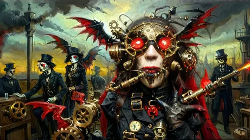 Prompt: Anthropomorphic
Dhampir technologically
Steampunkesque, sentient
Dhampir stalks dynamic
luciferin colorful
Blunderbuss muzzle flashes
eschatologically
Twilight Dhampirs rise,
Menace veiled in shadowed guise,
Gothic brass attire.
Red eyes ominous,
Faces draped in dark intent,
Fangs gleam in dim night.
Wings of metal spread,
Vocalist’s eldritch command,
Haunted notes unfurl.
Gears in twilight's grip,
Fog and rot cloak rusted cogs,
Machinery looms.
Blood-red sky above,
Sinister shadows dance close,
Crowd in hushed terror.