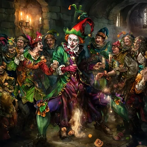 Prompt: #### I. The Motley Band
Once jocund Quibble,  
Favored jester, found solace  
With his motley troupe.

#### II. Unique Talents
Five talents diverse,  
Jangle’s nimble feats astound,  
Merry’s voice enchants.

#### III. Whirlwind of Mirth
Tumble's antics wild,  
Gleek’s mimicry turns knights soft,  
Color, joy they bring.

#### IV. Courtly Sojourns
Through verdant pastures,  
They traverse, perform for all,  
Lords, merchants, and serfs.

#### V. The Stern Duke's Court
At Duke Henry’s court,  
Somber faces challenge them,  
Yet they strive with zeal.

#### VI. Eliciting Smiles
Quibble leads with charm,  
Witty tales and jests delight,  
Laughter slowly spreads.

#### VII. Accidental Faux Pas
Servant spills his wine,  
Quibble’s mimicry amiss,  
Duke's ire does ignite.

#### VIII. The Duke's Wrath
“What insolence here!”  
The Duke’s voice thunderous,  
Troupe's hearts heavy sink.

#### IX. The Somber Night
By the fire they rest,  
Quibble’s heart with sorrow swells,  
Loyal troupe consoles.

#### X. Resolute Spirits
“New court awaits us,”  
Merry's lute with hope resounds,  
Together they stand.

#### XI. A New Dawn
In a kinder court,  
They perform unmarred by fear,  
Quibble’s smiles grow true.

#### XII. Eternal Jest
Laughter ever bright,  
Shared journey strengthens their bond,  
Jesters to the end.
