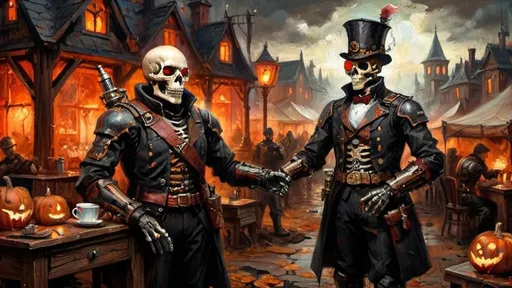 Prompt: A dynamic steampunk-themed battle camp scene at dawn. In the foreground, an Italian ghoul prince stands in mid-action, adorned in black armor with red highlights. His eyes glow vividly red, radiating power as he wields a rapier and a blunderbuss, ready for battle. Opposite him is a menacing automaton guard with stark black armor and glowing red goggles, accented with white highlights. The background features a velvety black night sky, merging with the reddish dawn light that casts an eerie glow over the camp. Brass chimneys and rotating gears surround tents, with steam rising to add a dreamlike atmosphere. In the vicinity, a military coffee barista operates a steam-powered coffee machine, adding layers of activity and steampunk detail. Skeleton soldiers with mechanical enhancements are scattered around, with carved pumpkins emitting a warm, orange glow. The overall scene uses chiaroscuro lighting to dramatize the steam and industrial elements, creating a visually striking and immersive tableau.