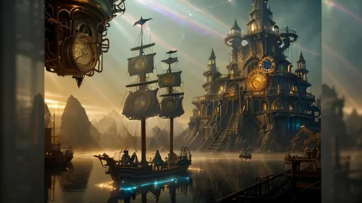 Prompt: A serene scene with glowing motifs and an otherworldly effect, rendered in the style of fountain pen ink, inspired by steampunkesque luciferin powered and illustrated. The scene depicts an exultant dawn breaking with a lucent glow anointing the sky. A pirate ship known as 'fools’ airborne vessel' ascends in a steampunk reverie, with clockwork jesters frolicking near a Rube Goldberg coffee device on deck. Soft gradients blend acrylic colors of bronze, baby blues, and gold, as the airship’s spectral hues glow. Luciferin light and translucent magic weave through the air with ethereal mist. Pistons hum in sync as gears and cogs glide in motion, demonstrating machination’s grace. Lens flares gently bloom, and expansive light shapes the scene, with softly glowing edges. Phong shading gives a touch of realism within the dreamlike haze, while soft blurs and ample negative space breathe life into the scene. Metallic whispers of gold add a sense of luxury as the ship sails through the dreaming steampunk sky, with fools in dawn’s embrace.Chiaroscuro effecits