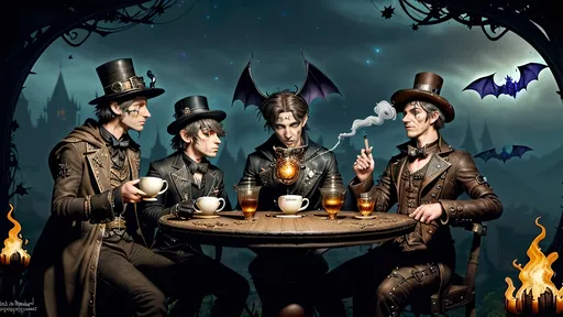 Prompt: Within arcane realms,  
Anthropomorphic bat-bodied figures glide,  
Unfurled wings sweeping through twilight skies.  
In the heart of the commune, amidst steampunk wonders,  
Three bat boys embark on a daring adventure.
Clutching an ornate carafe of coffee,  
And  two mugs
Its vivid world encapsulated within,  
A steampunk elder reflects,  
Embracing the ethereal with knowing eyes.  
Trompe L'oeil’s whispered spell,  
Warlock's alchemy, and ancient intrigues guide them. Prehensile devil fleshy arrowhead shaped tail tips
Luciferin hues dance in the air,  
Psychedelic flames casting an otherworldly glow,  
Smoke weaving mystical tales of yore.  
The boys, undeterred, stop and have full steampunk coffee service, milk art coffee break,  move forward,  
Their high-top sneakers, a blend of leather and copper,  
Pounding the rugged terrain with determined strides.
Amidst the expansive panorama,  
Nature's flame essence glows,  
Revealing the fantasy world unfolding.  
Each step brings new perils,  
Each flutter of their wings a brush with fate.
High above, the stars bear silent witness,  
To their bravery and camaraderie,  
In the face of overwhelming odds.  
Bound by duty and a brotherhood unspoken,  
They carve their path through the heart of the commune,  
Their journey just beginning in this steampunked twilight.
With enhanced fingers tracing ancient maps,  
Expressive eyes searching for the next clue,  
They press forward into the unknown,  
Their bond a beacon in a world fraught with danger.  
Through the shimmering veil of smoke and flame,  
The adventure of three bat boys,  
Against all odds,  
Continues into the night.