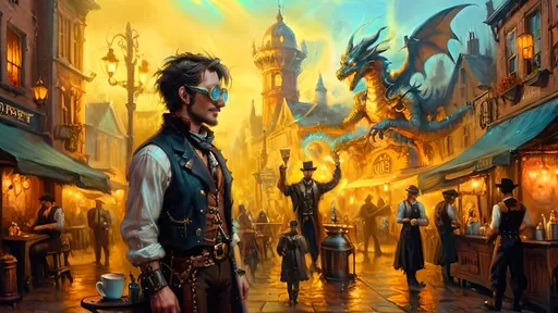 Prompt: A fantasy steampunk market square at dawn, softly illuminated by warm gaslight. Steam and fog swirl around the 'Drag’n Mondays' coffee bistro, with ornate antique bronze and copper carafes Townsfolk in leather outfits adorned with brass gears walk through the misty streets. Felix, in a leather vest and brass-tinted Doc Martens, adjusts his brass goggles, bathed in an ethereal glow. Overhead, a translucent blue and copper spectral dragon serves as a barista, breathing glowing mist.. Luciferin-glowing flowers dot the scene, set against soft pastels and warm gaslight hues, with chiaroscuro lighting creating dreamy depth.