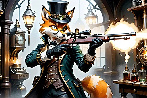 Prompt: Brash sharpshooter’s poise,
   Rifle's lethal precision
   Polished wood and steel.
Protagonists bold
   Victorian valor's pride
   Mechanized marvels.
Boundaries blurred thin
    Friend or foe in torchlight’s dance
    Gleaming fangs revealed.
Curious Finnegan,
    Spectacles magnify eyes
    Mechanisms’ spark.
Cedric’s calm resolve,
    Elixirs and healing salves
    Shadows whisper doom.
Epic venture dawns
    Steampunk sorcery entwined
    History’s saga.
Allies or rivals
    Vulpine's saga etched in time
    Valor’s intricate dance.
