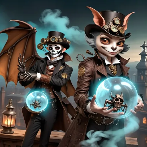 Prompt: Within arcane realms,  
Anthropomorphic bat-bodied figures glide,  
Unfurled wings sweeping through twilight skies.  
In the heart of the commune, amidst steampunk wonders,  
Three skeletal bat boys embark on a daring adventure.
Clutching a crystal ball with bat hands
Its vivid world encapsulated within,  
A steampunk elder reflects,  
Embracing the ethereal with knowing eyes.  
Trompe L'oeil’s whispered spell,  
Warlock's alchemy, and ancient intrigues guide them. Prehensile devil fleshy arrowhead shaped tail tips
Luciferin hues dance in the air,  
Psychedelic flames casting an otherworldly glow,  
Smoke weaving mystical tales of yore.  
The boys, undeterred, stop and have full steampunk coffee service, milk art coffee break,  move forward,  
Their high-top sneakers, a blend of leather and copper,  
Pounding the rugged terrain with determined strides.
Amidst the expansive panorama,  
Nature's flame essence glows,  
Revealing the fantasy world unfolding.  
Each step brings new perils,  
Each flutter of their wings a brush with fate.
High above, the stars bear silent witness,  
To their bravery and camaraderie,  
In the face of overwhelming odds.  
Bound by duty and a brotherhood unspoken,  
They carve their path through the heart of the commune,  
Their journey just beginning in this steampunked twilight.
With enhanced fingers tracing ancient maps,  
Expressive eyes searching for the next clue,  
They press forward into the unknown,  
Their bond a beacon in a world fraught with danger.  
Through the shimmering veil of smoke and flame,  
The adventure of three bat boys,  
Against all odds,  
Continues into the night.