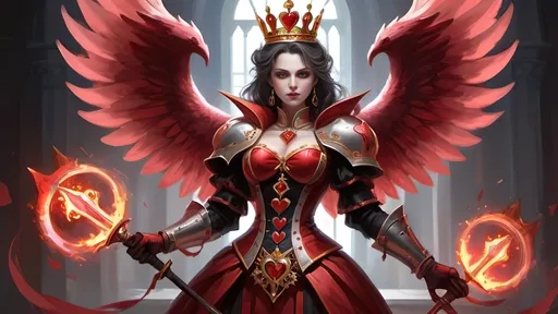 Prompt: In grand court’s tumult,
The Queen of Hearts elevates,
Regally adorned.
---
Luciferin’s glow,
Heart-adorned crest ablaze bright,
Majestic allure.
---
Crimson warriors,
Enumerated armor,
Strength in line displayed.
---
Heart-shaped scepter held,
Elegant yet formidable,
Grace in martial form.
---
Opponents succumb,
To her valor's radiant might,
Benevolent reign.
---
Twilight battlefield,
Presence, power, heritage,
Legacy profound
