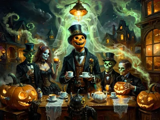 Prompt: A steampunk anthropomorphic alien hosting a midnight coffee party, set under the glowing gaze of hovering jack-o’-lanterns, enveloped in ethereal steam. The scene merges Victorian elegance with mechanical ingenuity, where ghostly guests with spectral visages sip coffee from brass cups. Flickering shadows are cast by distant ruins, and glowing mist curls at the guests' feet. The sound of unseen gears ticking rhythmically fills the air, creating an eerie yet refined atmosphere. The overall scene is a surreal tableau, blending tradition with futuristic artistry, where every element tells a story, from the steampunk decorations to the glowing jack-o’-lanterns, combining Halloween and steampunk aesthetics in a dreamlike setting.