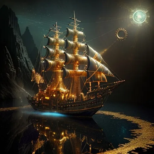 Prompt: A serene scene with glowing motifs and an otherworldly effect, rendered in the style of fountain pen ink, inspired by steampunkesque luciferin powered and illustrated. The scene depicts an exultant dawn breaking with a lucent glow anointing the sky. A pirate ship known as 'fools’ airborne vessel' ascends in a steampunk reverie, with clockwork jesters frolicking near a Rube Goldberg coffee device on deck. Soft gradients blend acrylic colors of bronze, baby blues, and gold, as the airship’s spectral hues glow. Luciferin light and translucent magic weave through the air with ethereal mist. Pistons hum in sync as gears and cogs glide in motion, demonstrating machination’s grace. Lens flares gently bloom, and expansive light shapes the scene, with softly glowing edges. Phong shading gives a touch of realism within the dreamlike haze, while soft blurs and ample negative space breathe life into the scene. Metallic whispers of gold add a sense of luxury as the ship sails through the dreaming steampunk sky, with fools in dawn’s embrace.Chiaroscuro effecits