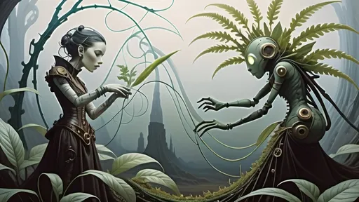 Prompt: Awakening to a world of grass and fog, this anthropomorphic marvel found itself a being of intricate design, its form fashioned from a mosaic of verdant foliage. Each leaf, a distinct contour sculpted by nature's hand, now melded seamlessly into a living, breathing tapestry of existence.

As consciousness unfurled like the delicate fronds of a fern, the anthropomorphic leaf creature's very veins pulsed with the lifeblood of intricate leaf veins, an organic network etched upon its frame - a convergence of the botanical and the mechanical. Its eyes, twin orbs of luminous intent, searched the room with an inquisitive gleam, conveying a depth of emotion that belied its leafy visage.

Donned in steampunk attire fashioned from woven textured foliage, the creature's appearance was a blend of rustic charm and whimsical elegance. The supple fabric of its leaf clothing whispered softly with each movement, granting it a tactile semblance of the sturdy yet comforting embrace of leather, exposed skin as dried leaves.

Thus, in this wondrous amalgamation of flora and function, the steampunkesque creature stood - a marvel of artistry and ingenuity, a testament to the boundless creativity that flourished in the realm where the natural world and the fantastical collide.
