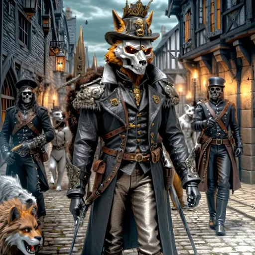 Prompt: Ball of musketeers,
Steampunk twist joins old valor,
King's guard fierce and true.
Gallant swordsmen three,
Guardian's cry heard aloud,
Innovative blend.
Amid cobblestone,
Steampunkesque technology
Anthropomorphic
Crossbow, fur coat veiled,
Fox with torch and rifle bright,
Skull helm leads the pack.
Wolf holds skulls in grasp,
Lion mask shows bravery bold,
In dim, gothic light.
Gothic shadows near,
Beasts in armor, eyes alert,
Mystery follows