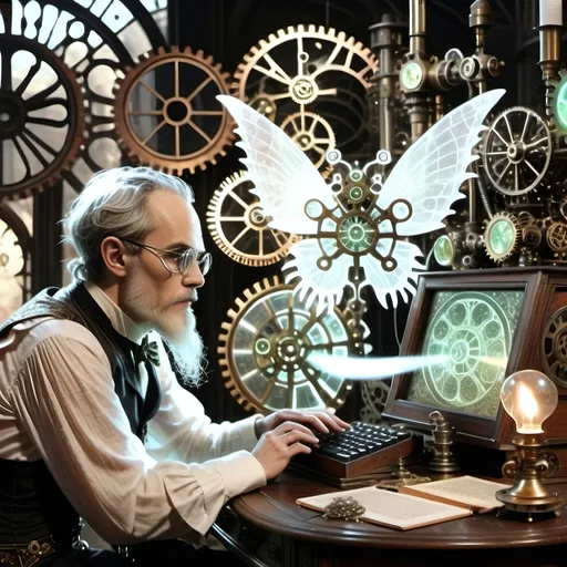 Prompt: A steampunk scene set in the 19th century featuring a philosopher at a desk surrounded by intricate gears, cogs, and pistons. The philosopher, resembling Epictetus, is deeply focused on a computer screen displaying an ethereal fairy composed of glowing, translucent digital patterns. The fairy, named Absinthea, has delicate, semi-transparent wings and is illuminated by soft, pastel colors such as baby blues, antique bronze, and copper gradients. The scene is bathed in a soft, ethereal light, with lens flares and glowing edges around the fairy, creating a dreamlike atmosphere. The philosopher’s study is lit by gaslight, with brass and leather accents, and the light casts soft shadows, emphasizing the contrast between the mechanical world of the philosopher and the otherworldly presence of the fairy. The entire scene blends the tangible steampunk elements with the digital, ethereal form of the fairy, creating a harmonious yet contrasting visual composition.