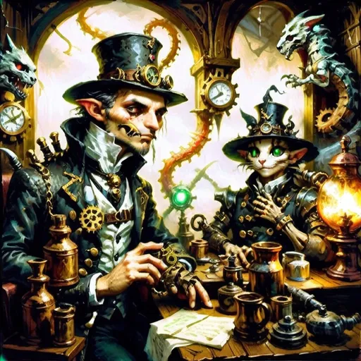 Prompt: ### Haiku Series: Steampunk Gothic Elegy
**I. Gloomy Sanctum's Veil**  
In hoary sanctum,  
Crumbling relics of dread,  
Shadows writhe and coil.  
**II. Flickers of Dismay**  
Eerie glimmers wane,  
Brass mechanisms bespeak  
Of rust's cruel decay.  
**III. Feline Warriors' Grit**  
Worn, sinewy forms,  
Anthropomorphic knights stride,  
Gear-clad audacity.  
**IV. Weapons Poised to Strike**  
In tattered espers,  
Blunderbusses starkly gleam,  
Eyes aglow with might.  
**V. The Pseudo-Drake Calls**  
Scales tarnished yet grand,  
Mechanical wyrm exhales  
Ominous green light.  
**VI. Menace in the Depths**  
Skeletal beast looms,  
Gears grating in sable night,  
Malevolence waits.  
**VII. Tension in the Air**  
Ominous foreboding,  
Gothic horror intertwines,  
Impending conflict.  
### Closing Reflection  
Eloquent shadows dance,  
In this steampunk reverie,  
Darkness meets the flame.  