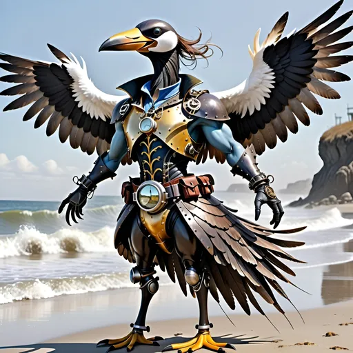 Prompt: Anthropomorphic 
Steampunkesque technology
Muscle bound seabird
---

Under morning sun,  
Seabird graces storied sands—  
Resplendent in form.

---

Elongated legs,  
Supple reeds in zephyrs’ dance—  
Sea's vast embrace calls.

---

Mischief in his eyes,  
Beachgoers’ toil unnoticed—  
Avian voyager.

---

Plumage tousled light,  
Saline breezes bring solace—  
Waves chant his essence.

---

Choreographed grace,  
Wings unfurled in ocean's song—  
Maestro of the shore.

---

Day's vibrant tableau,  
Delights of beachside revels—  
Laughter and salt tang.

---

Fellowship in skies,  
Airborne kin cavort above—  
Cerulean bond.

---

Muscle Beach's arena,  
For robust and brawny strength—  
Whimsical proscenium.

---

Stilts' realm of splendor,  
Statuesque limbs embrace waves—  
Effervescent spirit.
