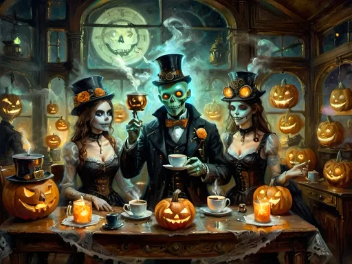 Prompt: A steampunk anthropomorphic alien hosting a midnight coffee party, set under the glowing gaze of hovering jack-o’-lanterns, enveloped in ethereal steam. The scene merges Victorian elegance with mechanical ingenuity, where ghostly guests with spectral visages sip coffee from brass cups. Flickering shadows are cast by distant ruins, and glowing mist curls at the guests' feet. The sound of unseen gears ticking rhythmically fills the air, creating an eerie yet refined atmosphere. The overall scene is a surreal tableau, blending tradition with futuristic artistry, where every element tells a story, from the steampunk decorations to the glowing jack-o’-lanterns, combining Halloween and steampunk aesthetics in a dreamlike setting.