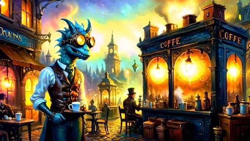 Prompt: A steampunk fantasy market square at dawn, filled with the warm glow of gaslight from antique lanterns casting soft light on cobblestone streets and shopfronts. The air is thick with mist and steam, creating an ethereal atmosphere. In the center stands 'Drag’n Mondays,' a coffee bistro adorned with ornate bronze and copper gears and pipes. Inside, antique carafes glisten in the early light. Felix, wearing a leather vest and brass-tinted Doc Martens, adjusts his brass goggles, glowing softly in the gaslight. Above, a translucent blue and copper spectral dragon hovers gracefully, breathing glowing mist as it serves coffee. Bioluminescent luciferin flowers dot the square, their soft glow mixing with pastel mists and warm hues. The scene is bathed in chiaroscuro lighting, creating dreamy depth and a magical, harmonious blend of fantasy and steampunk.