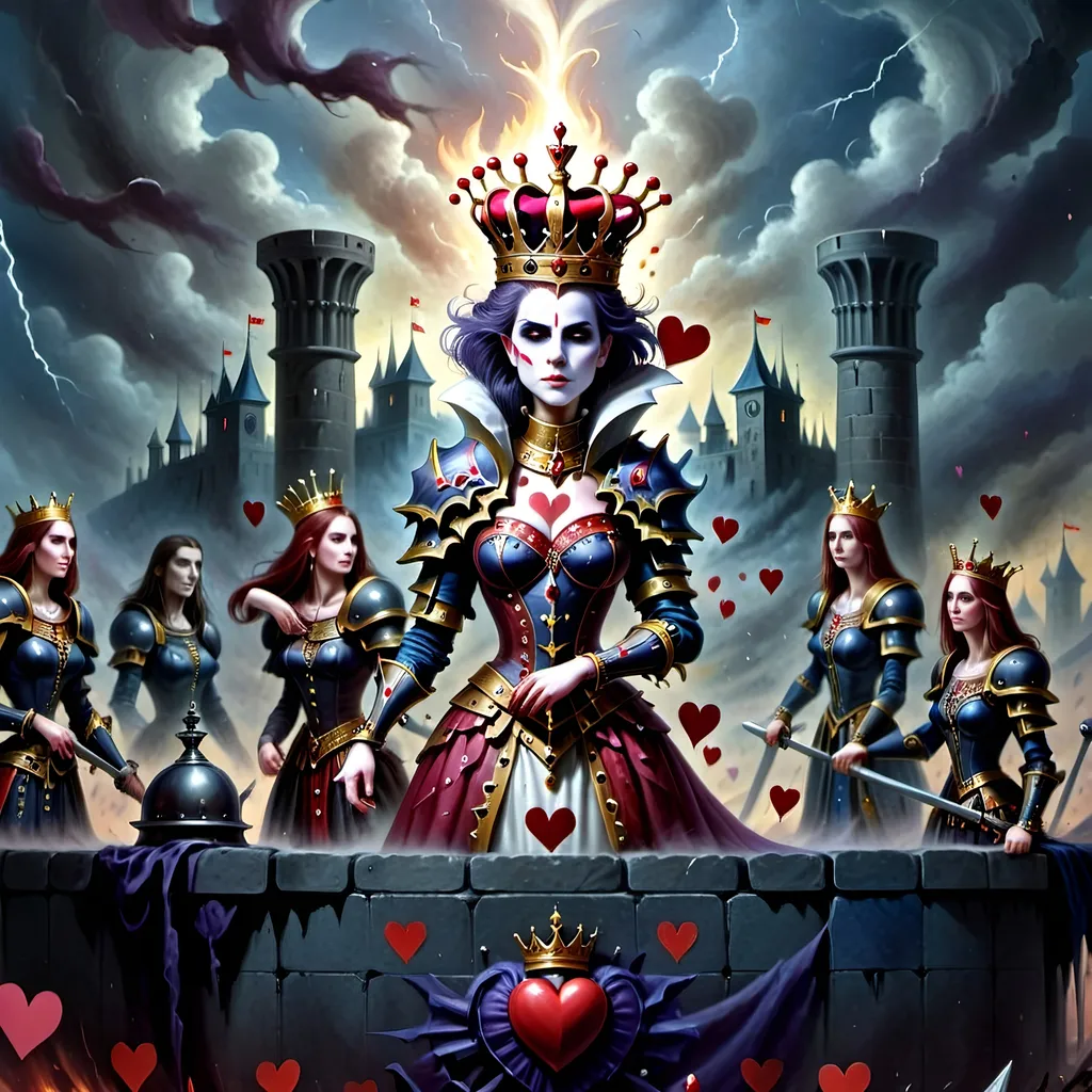 Prompt: In a realm where the cards held court and battles unfolded upon the velvet battlefield, there stood the Queen of Hearts, a regal figure with a turbulent spirit that ignited fervor in her loyal subjects – her men, the mighty soldiers of her crimson domain.
With a gaze that could melt steel and a heart that beat thunder into the very ground they tread, she commanded her troops like a tempest unleashed, each man an embodiment of her unyielding will. As the clash of swords and the thunder of footsteps filled the air, the Queen's call to arms echoed across the lands, stirring her men into a frenzy of unwavering loyalty.
Amidst the chaos of the battlefield, her men rushed forth, their movements a symphony of controlled chaos. With hearts blazing like infernos, they tore through the enemy lines, their actions swift and merciless. Eyes met their merciless blades as they surged forward, a whirlwind of crimson and steel, gouging out the very essence of opposition before them.
And there, at the heart of the tumultuous storm she had summoned, the Queen of Hearts stood, a vision of sovereignty and power, orchestrating the brutal ballet of war with a grace that belied the chaos around her. Her presence was both feared and revered, a beacon of unwavering resolve that fueled her men's frenzy and struck dread into the hearts of her foes.
In that moment, as the clash of arms and the cries of battle filled the air, the Queen of Hearts reigned supreme, a sovereign of unparalleled ferocity and indomitable spirit, leading her men to victory amidst the carnage and chaos of the battlefield.