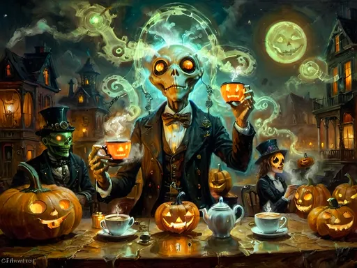 Prompt: A steampunk anthropomorphic alien hosting a midnight coffee party, set under the glowing gaze of hovering jack-o’-lanterns, enveloped in ethereal steam. The scene merges Victorian elegance with mechanical ingenuity, where ghostly guests with spectral visages sip coffee from brass cups. Flickering shadows are cast by distant ruins, and glowing mist curls at the guests' feet. The sound of unseen gears ticking rhythmically fills the air, creating an eerie yet refined atmosphere. The overall scene is a surreal tableau, blending tradition with futuristic artistry, where every element tells a story, from the steampunk decorations to the glowing jack-o’-lanterns, combining Halloween and steampunk aesthetics in a dreamlike setting.