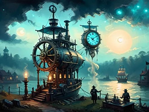 Prompt: A serene scene with glowing motifs and an otherworldly effect, rendered in the style of fountain pen ink, inspired by steampunkesque luciferin powered and illustrated. The scene depicts an exultant dawn breaking with a lucent glow anointing the sky. A pirate ship known as 'fools’ airborne vessel' ascends in a steampunk reverie, with clockwork jesters frolicking near a Rube Goldberg coffee device on deck. Soft gradients blend acrylic colors of bronze, baby blues, and gold, as the airship’s spectral hues glow. Luciferin light and translucent magic weave through the air with ethereal mist. Pistons hum in sync as gears and cogs glide in motion, demonstrating machination’s grace. Lens flares gently bloom, and expansive light shapes the scene, with softly glowing edges. Phong shading gives a touch of realism within the dreamlike haze, while soft blurs and ample negative space breathe life into the scene. Metallic whispers of gold add a sense of luxury as the ship sails through the dreaming steampunk sky, with fools in dawn’s embrace.Chiaroscuro effecits