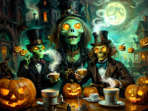 Prompt: A steampunk anthropomorphic alien hosting a midnight coffee party, set under the glowing gaze of hovering jack-o’-lanterns, enveloped in ethereal steam. The scene merges Victorian elegance with mechanical ingenuity, where ghostly guests with spectral visages sip coffee from brass cups. Flickering shadows are cast by distant ruins, and glowing mist curls at the guests' feet. The sound of unseen gears ticking rhythmically fills the air, creating an eerie yet refined atmosphere. The overall scene is a surreal tableau, blending tradition with futuristic artistry, where every element tells a story, from the steampunk decorations to the glowing jack-o’-lanterns, combining Halloween and steampunk aesthetics in a dreamlike setting.