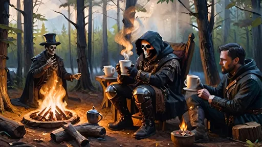 Prompt: A dramatic and tense moment in a dark, foggy forest, where a hunter and a necromancer sit near a flickering campfire. The scene captures the instant when the hunter, clad in dark, weathered armor, hands a steaming cup of coffee to the necromancer. The hunter’s breath is visible in the cold night air, and his gloved hand grips the cup with precision. The necromancer, with a ghoulish countenance and skeletal fingers, reaches out from their patchwork robes adorned with bones and arcane symbols to accept the cup. The campfire casts a spectral glow over the scene, highlighting the detailed steampunk apparatuses and gear scattered around the campsite. Trompe l’oeil techniques are used to create depth and realism, with shadows and light playing intricately across the figures and surroundings, giving the entire scene a three-dimensional, lifelike quality.