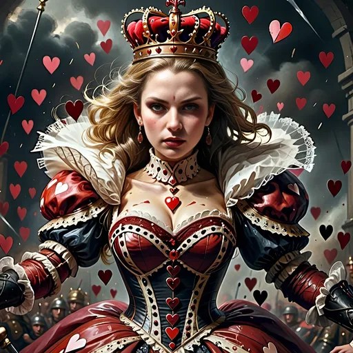 Prompt: In a realm where the cards held court and battles unfolded upon the velvet battlefield, there stood the Queen of Hearts, a regal figure with a turbulent spirit that ignited fervor in her loyal subjects – her men, the mighty soldiers of her crimson domain.
With a gaze that could melt steel and a heart that beat thunder into the very ground they tread, she commanded her troops like a tempest unleashed, each man an embodiment of her unyielding will. As the clash of swords and the thunder of footsteps filled the air, the Queen's call to arms echoed across the lands, stirring her men into a frenzy of unwavering loyalty.
Amidst the chaos of the battlefield, her men rushed forth, their movements a symphony of controlled chaos. With hearts blazing like infernos, they tore through the enemy lines, their actions swift and merciless. Eyes met their merciless blades as they surged forward, a whirlwind of crimson and steel, gouging out the very essence of opposition before them.
And there, at the heart of the tumultuous storm she had summoned, the Queen of Hearts stood, a vision of sovereignty and power, orchestrating the brutal ballet of war with a grace that belied the chaos around her. Her presence was both feared and revered, a beacon of unwavering resolve that fueled her men's frenzy and struck dread into the hearts of her foes.
In that moment, as the clash of arms and the cries of battle filled the air, the Queen of Hearts reigned supreme, a sovereign of unparalleled ferocity and indomitable spirit, leading her men to victory amidst the carnage and chaos of the battlefield.