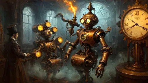 Prompt: Anthropomorphic
Clockwork automaton strides
Copper necropolis

Adorned in vict’ry
Victorian vestments’ grace
Leather and bronze fuse

Pistons whir and hum
Gears in synchronized ballet
Technic heart pulsates

Heroic stance bold
Rifle glistens with bright blaze
Ready for combat

Spectral luminescence
Mists aglow with luciferin
Unseen realms revealed

Ghostly apparitions
Ethereal faces float
Haunted by lost time

Mechanical age
Steampunk vistas come alive
Gossamer threads gleam

Phantasmagoric
Silver, gold accents dazzle
Opulent yet grim

Soft focus descends
Gradients of dreamlike hues
Mystic ambiance

Backlit halo’s glow
Silhouettes of ethereal
Enchantment’s embrace