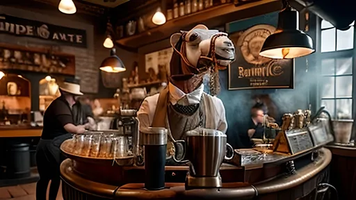 Prompt: A bustling steampunk café named 'The Roaming Hump Café,' featuring anthropomorphic camel baristas dressed in waistcoats and goggles, operating intricate, steam-powered coffee machines. The café has both camel and human patrons engaged in lively conversation. The decor includes brass gears and polished steam pipes, enhancing the warm, welcoming, adventurous, and whimsical atmosphere. The scene captures the baristas' flair in coffee crafting amidst the hum of steam and gears, with a focus on the baristas' coffee-making skills. Cinematic 16:9 view