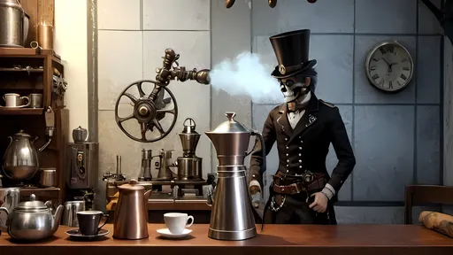 Prompt: In a realm where shadows swirl like tendrils of forgotten tales, a figure stands tall amidst the clatter of machinery and the whisper of steam. This figure is not of battles and realms, but of coffee and dreams. Enter our hero, not with sword in hand but with a steaming carafe, a barista of finesse and a steampunkesque coffeemaker that hums with mechanical precision.
In this surreal tapestry of bones and gears, where the aroma of freshly ground beans mingles with the scent of aged metal, the hero weaves a tale not of conquest, but of creation. With each carefully crafted cup, each swirl of tastefully engineered foam, the hero challenges not the throne, but the very essence of tradition and innovation.
Picture this scene: an ornate coffee carafe, adorned with intricate engravings that tell stories of old, a steaming styled foam rising like the curls of forgotten whispers, and a barista whose hands move with the grace of a master artisan. As the hero brews a blend that transcends time and taste, he becomes a catalyst for change in a world where coffee is not just a drink, but a symbol of unity and progress.
So, amidst this steampunkesque backdrop of clinking chains and whirring cogs, our hero stands not as a warrior, but as a champion of caffeinated dreams, ready to stir hearts and awaken minds to the possibilities that lie beyond the realm of bones and machinery. In this tale of triumph and transformation, the hero's destiny is not to conquer, but to inspire a new era where the art of coffee-making is as revered as the most epic of legends.