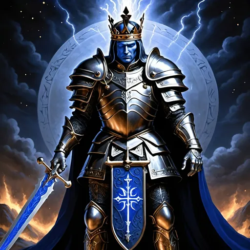 Prompt: In the battlefield's grim and fateful hour,  
The king, in dire straits, donned with runic might,  
His breastplate, a cobalt blue luciferin power,  
Glowing trompe l'oeil, radiating in the night.
Bronze and copper accouterments adorned,  
Reflecting his ethereal ethereal hue,  
A king, in soulful gaze, his fate forewarned,  
For in battle's dance, his destiny he'll pursue.
Amidst the fray, enchanted by his spell,  
Bewitched daemon imps arise,  
Their presence in the battle does compel,  
A dynamic clash beneath the darkening skies.
In fierce interaction with these spectral beings,  
The king's strength and valor put to test,  
His spirit, a beacon in the chaos it brings,  
In a realm where courage and fate manifest.
With each movement, a narrative unfolds,  
As anthropomorphic characters align,  
In the king's story, where destiny molds,  
A saga of bravery and honor intertwined.
Through the clash of forces, light and dark,  
The king's presence shines in cobalt blue,  
A soulful citation in battle's stark embark,  
A monarch in bronze and copper, true.
In this tapestry of conflict and strife,  
Where skeletal imps and warriors entwine,  
The king, in his regal essence rife,  
Embodies a legacy, steadfast and divine.
