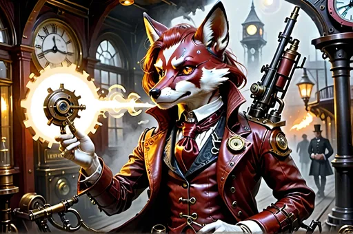 Prompt: Brash sharpshooter’s poise,
   Rifle's Steampunkesque styling
   Polished red leather and bronze.
Protagonists bold
   Victorian full moon's pride
   Mechanized marvels.
Boundaries blurred thin
    Friend or foe in torchlight’s dance
    Gleaming fangs revealed.
Curious Finnegan,
    Spectacles magnify eyes
    Mechanisms’ spark.
Cedric’s calm resolve,
    Elixirs and healing salves
    Shadows whisper doom.
Epic venture dawns
    Steampunesque luciferin
    magic alit stark
Allies or rivals
    Vulpine's saga etched in time
    Valor’s intricate dance.
