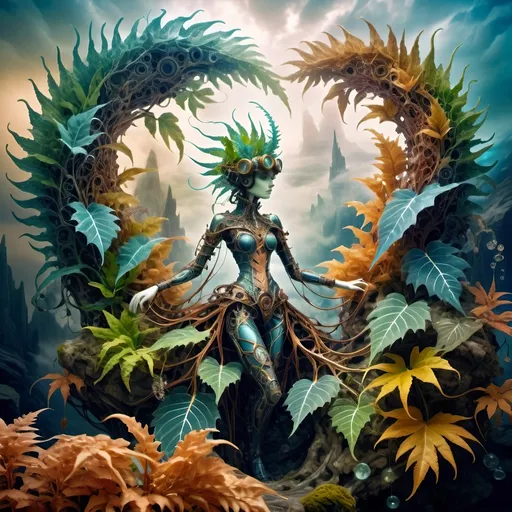 Prompt: Awakening to a world of grass and fog, this anthropomorphic marvel found itself a being of intricate design, its form fashioned from a mosaic of verdant foliage. Each leaf, a distinct contour sculpted by nature's hand, now melded seamlessly into a living, breathing tapestry of existence.

As consciousness unfurled like the delicate fronds of a fern, the anthropomorphic leaf creature's very veins pulsed with the lifeblood of intricate leaf veins, an organic network etched upon its frame - a convergence of the botanical and the mechanical. Its eyes, twin orbs of luminous intent, searched the room with an inquisitive gleam, conveying a depth of emotion that belied its leafy visage.

Donned in steampunk attire fashioned from woven textured foliage, the creature's appearance was a blend of rustic charm and whimsical elegance. The supple fabric of its leaf clothing whispered softly with each movement, granting it a tactile semblance of the sturdy yet comforting embrace of leather, exposed skin as dried leaves.

Thus, in this wondrous amalgamation of flora and function, the steampunkesque creature stood - a marvel of artistry and ingenuity, a testament to the boundless creativity that flourished in the realm where the natural world and the fantastical collide.
