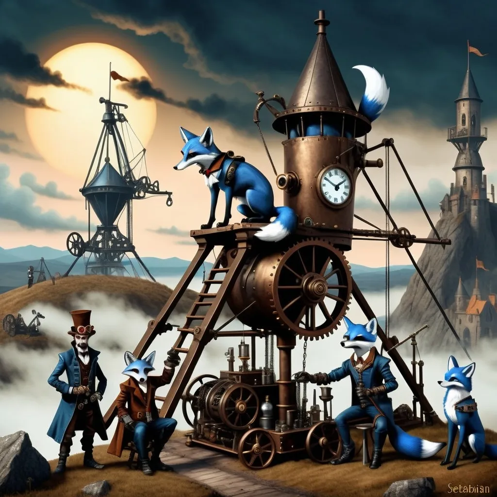 Prompt: {
  "prompt": "Illustrate a steampunkesque and gothic scene at dawn with an epic trebuchet and four anthropomorphic blue fox adventurers. The setting includes a dark, steampunkesque landscape with Dracula's fortress on a distant hill. Highlight the trebuchet with steampunkesque designs. Characters: Sebastian (leader), Alistair (sharpshooter), Finnegan (engineer), Cedric (medic). Include steampunkesque wrist grappler. Use dawn light to highlight details and create a dark, adventurous mood."
}