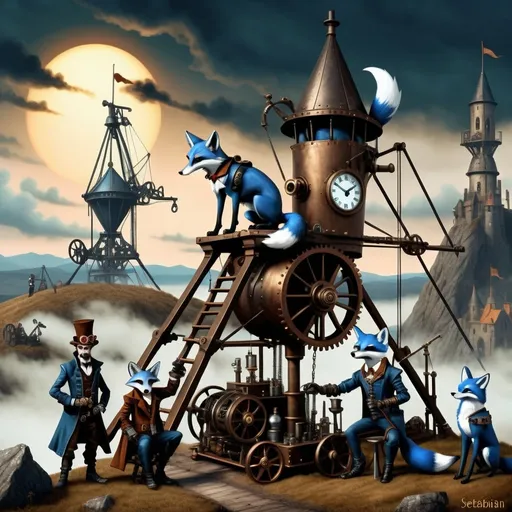 Prompt: {
  "prompt": "Illustrate a steampunkesque and gothic scene at dawn with an epic trebuchet and four anthropomorphic blue fox adventurers. The setting includes a dark, steampunkesque landscape with Dracula's fortress on a distant hill. Highlight the trebuchet with steampunkesque designs. Characters: Sebastian (leader), Alistair (sharpshooter), Finnegan (engineer), Cedric (medic). Include steampunkesque wrist grappler. Use dawn light to highlight details and create a dark, adventurous mood."
}