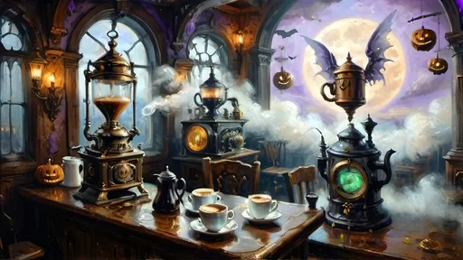 Prompt: An ethereal steampunk coffee bistro in the clouds at twilight, with angels and celestial figures serving coffee. The bistro is adorned with mechanical steampunk elements like antique bronze and copper gradients, along with silver and gold accents. The atmosphere is dreamlike and heavenly, with Halloween elements such as glowing jack-o’-lanterns, phantoms, and eerie Victorian attire. Gothic spires and shadowy ruins appear in the misty landscape, illuminated by stark chiaroscuro lighting. Eerie mists glow in shades of brown, purple, and green, while ornate brass carafes steam with celestial coffee. Angels with shimmering wings and macabre expressions serve patrons under a sky painted in lavender and soft blues. The flooring is made of glowing clouds, and the bistro furniture is airy and translucent, creating a haunting yet serene ambiance.