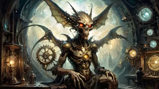 Prompt: A steampunk-inspired necromancer in a dark, ethereal space, part-machine and part-organic, with tattered silk-like skin revealing intricate gears. Luciferin light glows from within, creating soft halos around grotesque shapes forming in the void. Transitioning to a spacecraft gallery, where human visitors admire the scene, laughing and connecting with the monstrous yet artistic visuals. Alien curators with shimmering, torn silk garments and mechanical accents observe, their joy growing. The gallery is bathed in soft, ambient light and mist, with shadows, glowing light, and steampunk elements intertwining in a harmonious, otherworldly atmosphere.