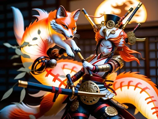 Prompt: Depict Cherry Kitsune, a graceful and fierce anthropomorphic fox warrior. She moves with fluidity and precision, wielding a traditional Japanese naginata. Her armor, detailed with copper and brass, blends Edo-period aesthetics with steampunk elements. The scene is illuminated by multicolor luciferin gradients, creating an ethereal glow in a Japanese dojo or battlefield."
- Style and Mood Tags: Cinematic lighting, fluid movement, traditional Japanese art style, ethereal glow, steampunk fusion