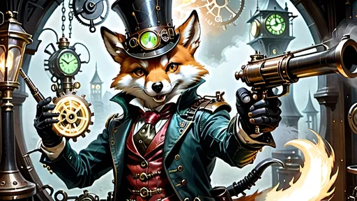 Prompt: Brash sharpshooter’s poise,
   Rifle's Steampunkesque styling
   Polished red leather and bronze.
Protagonists bold
   Victorian full moon's pride
   Mechanized marvels.
Boundaries blurred thin
    Friend or foe in torchlight’s dance
    Gleaming fangs revealed.
Curious Finnegan,
    Spectacles magnify eyes
    Mechanisms’ spark.
Cedric’s calm resolve,
    Elixirs and healing salves
    Shadows whisper doom.
Epic venture dawns
    Steampunesque luciferin
    magic alit stark
Allies or rivals
    Vulpine's saga etched in time
    Valor’s intricate dance.
