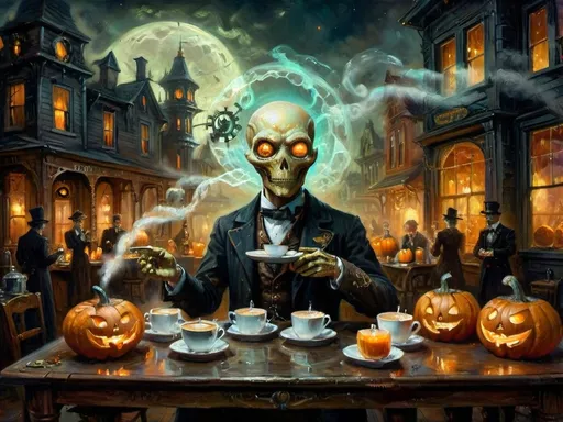 Prompt: A steampunk anthropomorphic alien hosting a midnight coffee party, set under the glowing gaze of hovering jack-o’-lanterns, enveloped in ethereal steam. The scene merges Victorian elegance with mechanical ingenuity, where ghostly guests with spectral visages sip coffee from brass cups. Flickering shadows are cast by distant ruins, and glowing mist curls at the guests' feet. The sound of unseen gears ticking rhythmically fills the air, creating an eerie yet refined atmosphere. The overall scene is a surreal tableau, blending tradition with futuristic artistry, where every element tells a story, from the steampunk decorations to the glowing jack-o’-lanterns, combining Halloween and steampunk aesthetics in a dreamlike setting.