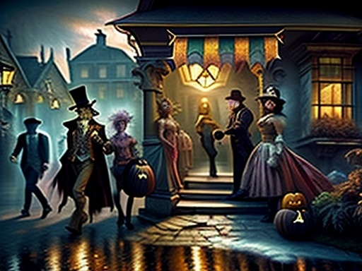 Prompt: Here is the text I used for the image generation:

**"American Halloween trick or treating with authentic old world origins, complex grouping, advanced steampunk setting, powered by multicolor luciferin, real superheroes in functioning party costumes of their superhero selves, fantasy composition, detailed illustration, vibrant colors, atmospheric perspective, emotional landscape, symbolism, realism, trompe l'oeil, chiaroscuro, impressionistic techniques, landscape painting, color harmony, light and illumination, dynamic composition, anatomy and fi"**