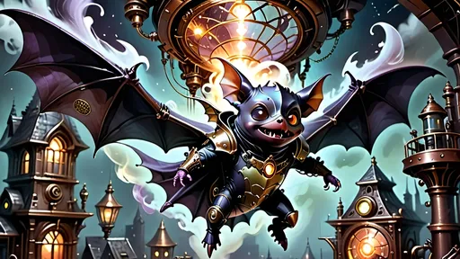 Prompt: Within arcane realms,  
Anthropomorphic bat-bodied figures glide,  
Unfurled wings sweeping through twilight skies.  
In the heart of the commune, amidst steampunk wonders,  
Three bat boys embark on a daring adventure.
Clutching a crystal sphere,  
Its vivid world encapsulated within,  
A steampunk elder reflects,  
Embracing the ethereal with knowing eyes.  
Trompe L'oeil’s whispered spell,  
Warlock's alchemy, and ancient intrigues guide them. Prehensile devil fleshy manta  ray shaped tail tips
Luciferin hues dance in the air,  
Psychedelic flames casting an otherworldly glow,  
Smoke weaving mystical tales of yore.  
The boys, undeterred, stop and have full steampunk coffee service, milk art coffee break,  move forward,  
Their high-top sneakers, a blend of leather and copper,  
Pounding the rugged terrain with determined strides.
Amidst the expansive panorama,  
Nature's flame essence glows,  
Revealing the fantasy world unfolding.  
Each step brings new perils,  
Each flutter of their wings a brush with fate.
High above, the stars bear silent witness,  
To their bravery and camaraderie,  
In the face of overwhelming odds.  
Bound by duty and a brotherhood unspoken,  
They carve their path through the heart of the commune,  
Their journey just beginning in this steampunked twilight.
With enhanced fingers tracing ancient maps,  
Expressive eyes searching for the next clue,  
They press forward into the unknown,  
Their bond a beacon in a world fraught with danger.  
Through the shimmering veil of smoke and flame,  
The adventure of three bat boys,  
Against all odds,  
Continues into the night.