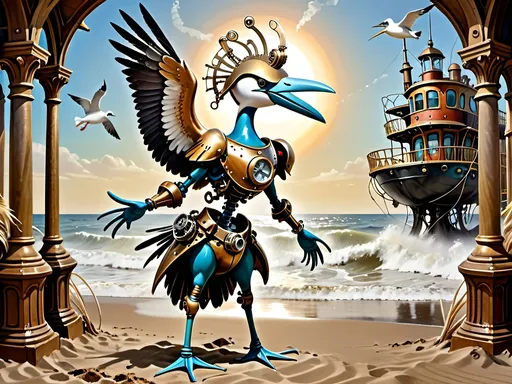 Prompt: Anthropomorphic 
Steampunkesque technology
Muscle bound seabird
---

Under morning sun,  
Seabird graces storied sands—  
Resplendent in form.

---

Elongated legs,  
Supple reeds in zephyrs’ dance—  
Sea's vast embrace calls.

---

Mischief in his eyes,  
Beachgoers’ toil unnoticed—  
Avian voyager.

---

Plumage tousled light,  
Saline breezes bring solace—  
Waves chant his essence.

---

Choreographed grace,  
Wings unfurled in ocean's song—  
Maestro of the shore.

---

Day's vibrant tableau,  
Delights of beachside revels—  
Laughter and salt tang.

---

Fellowship in skies,  
Airborne kin cavort above—  
Cerulean bond.

---

Muscle Beach's arena,  
For robust and brawny strength—  
Whimsical proscenium.

---

Stilts' realm of splendor,  
Statuesque limbs embrace waves—  
Effervescent spirit.
